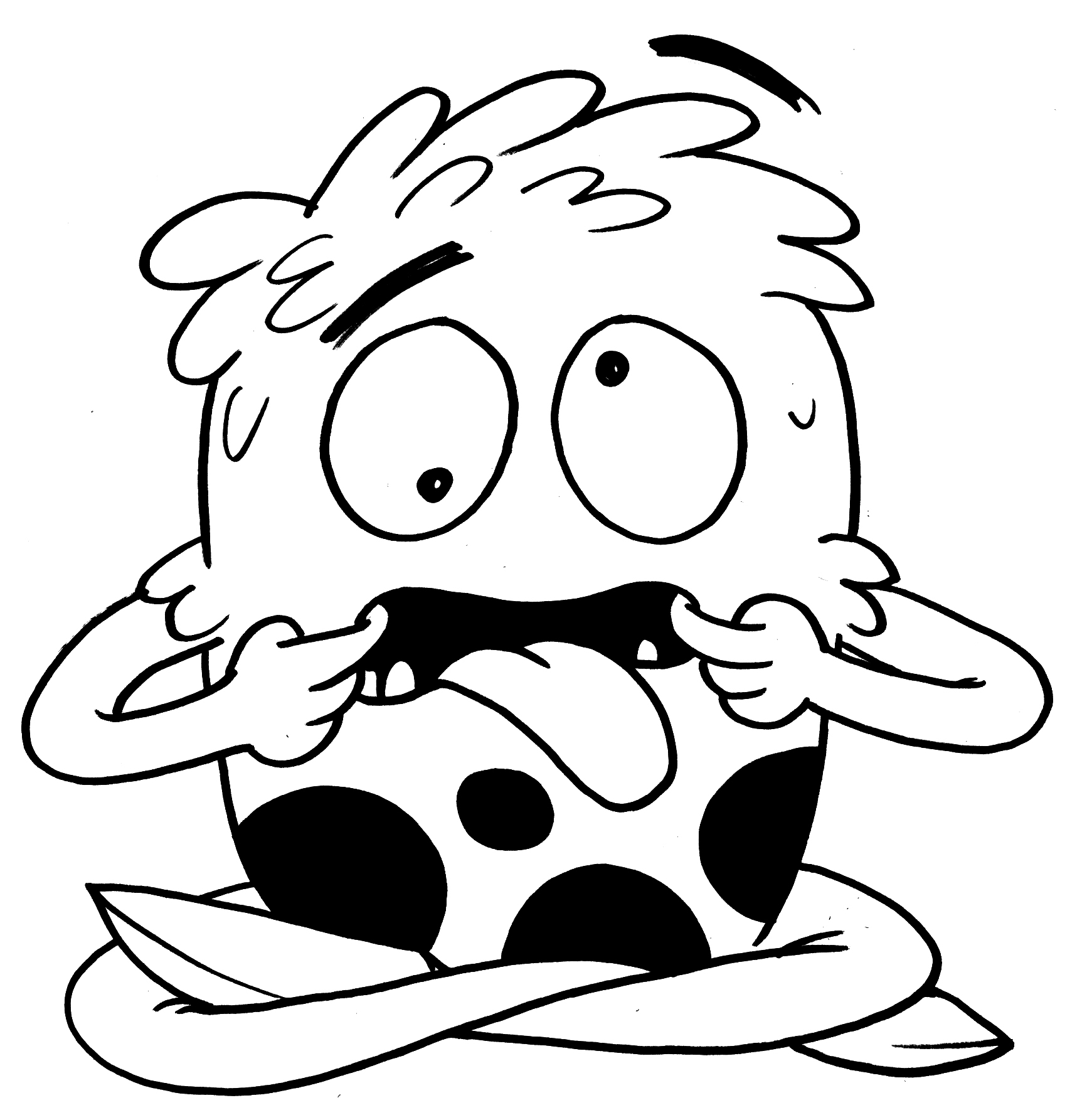 Marvin the Monster makes a silly face, pulling his mouth open with his fingers and sticking out his tongue.